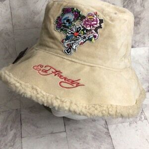 Ed Hardy Tan Bucket Hat with Floral Skull Embroidery